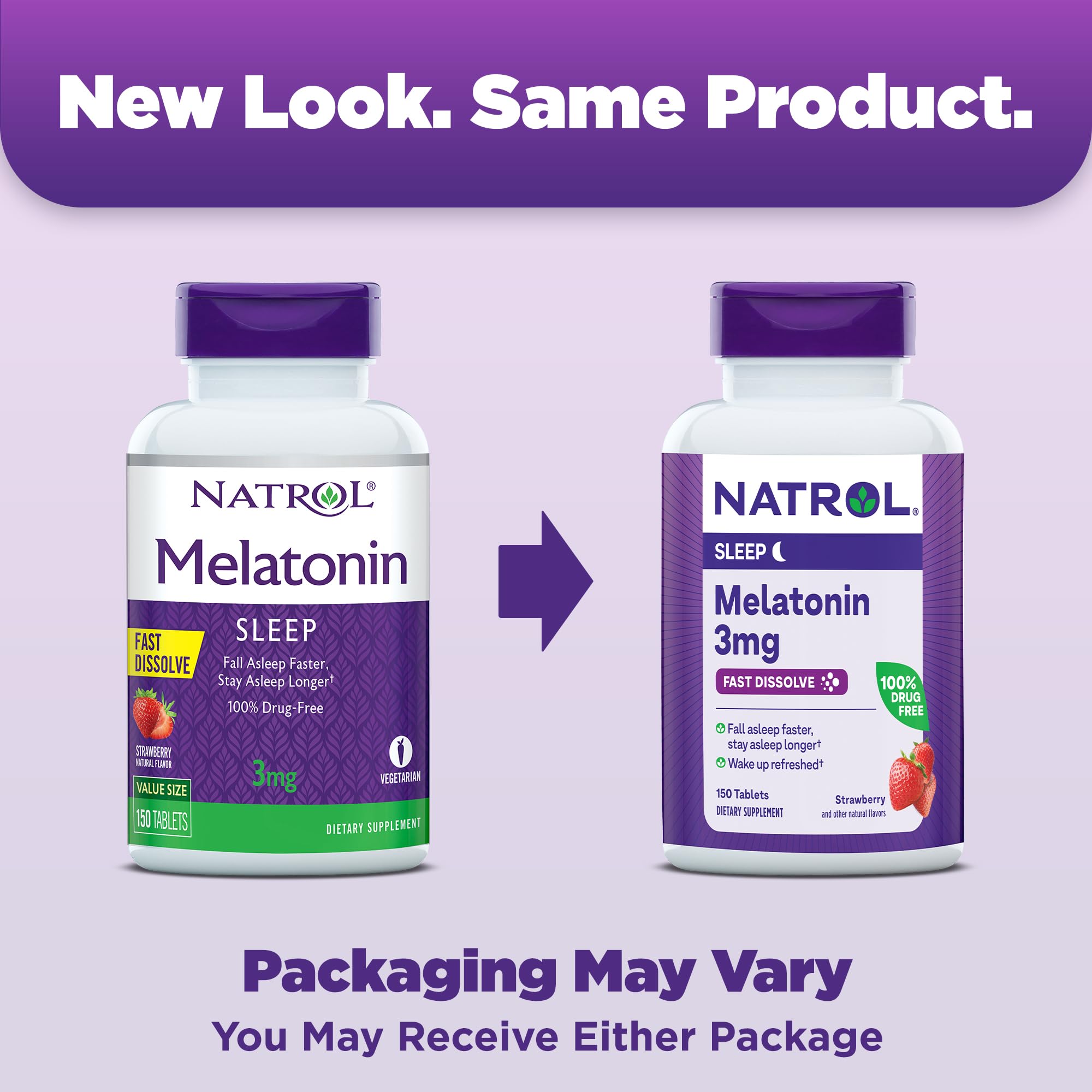 Close-up of Natrol melatonin 3mg strawberry-flavored tablets for fast-dissolve use.