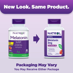 Close-up of Natrol melatonin 3mg strawberry-flavored tablets for fast-dissolve use.