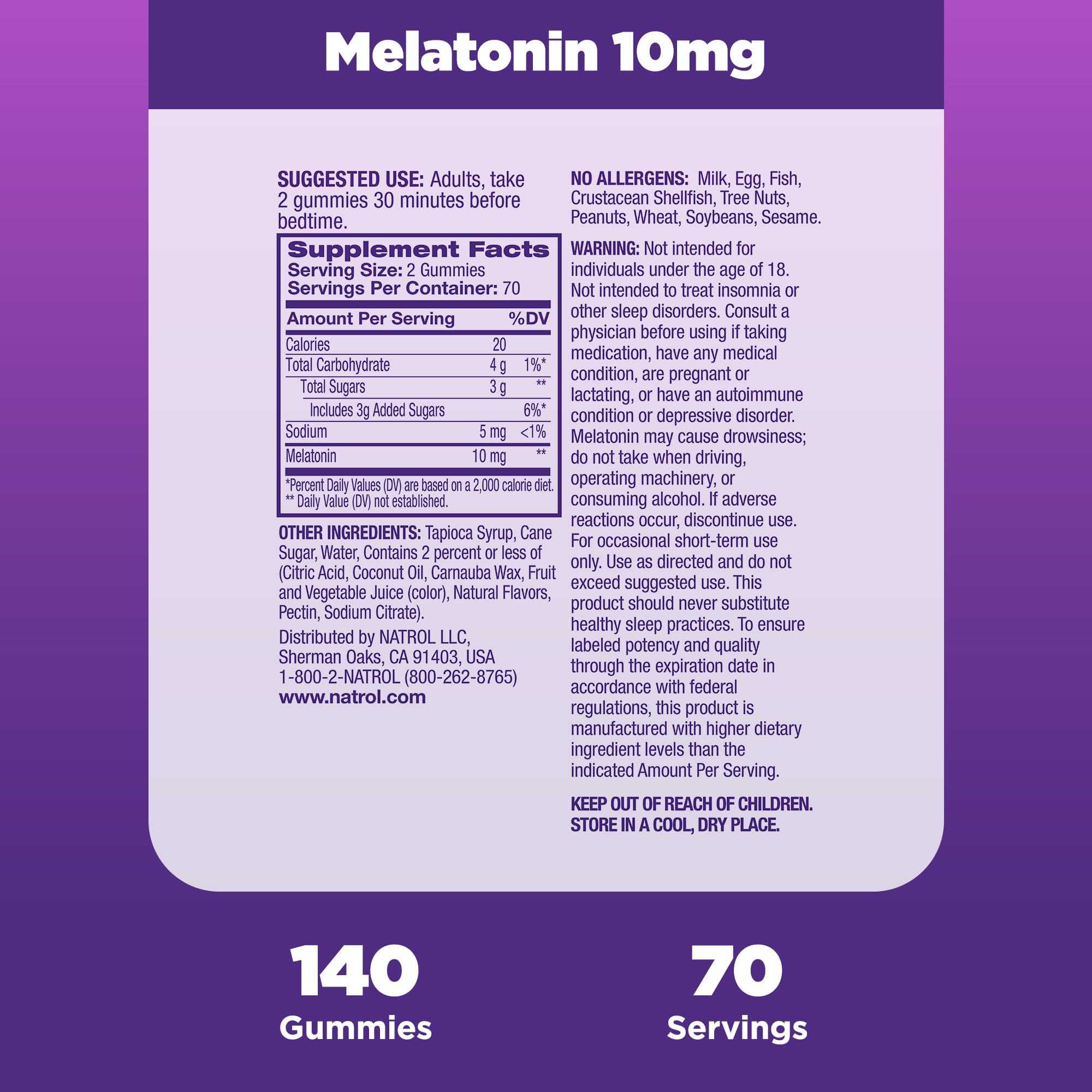 Natrol label shows gelatin-free formula and strawberry flavor.