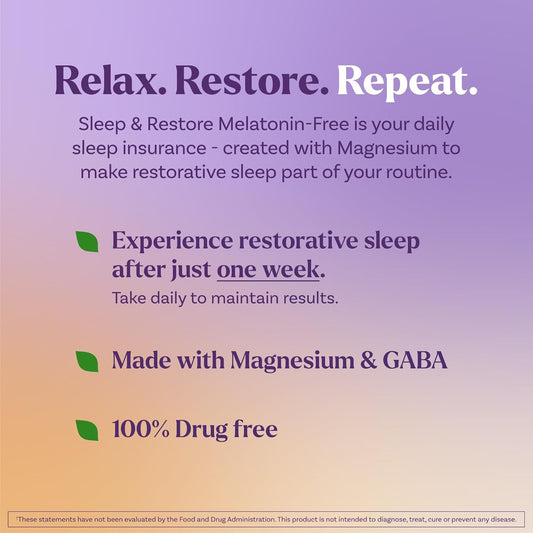 Natrol Sleep & Restore bottle label highlighting melatonin-free nighttime support.