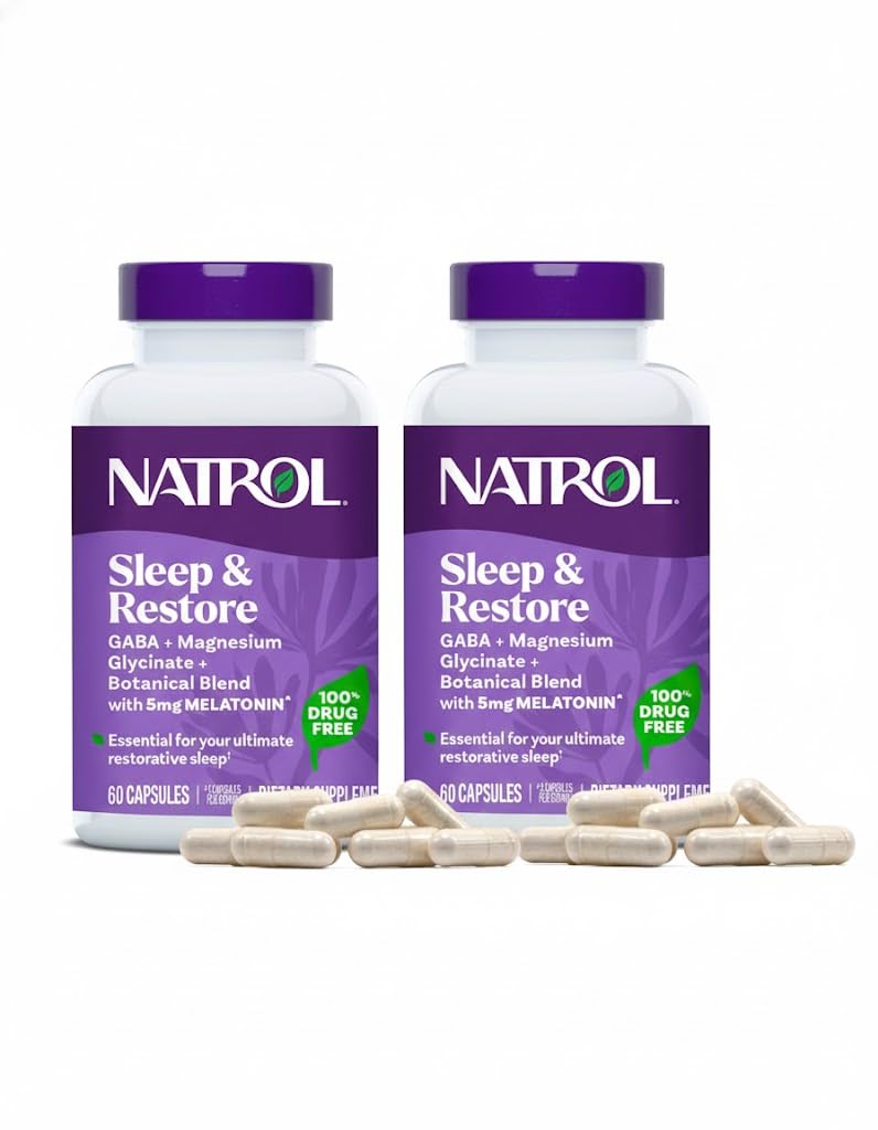 Natrol Sleep & Restore capsules bottle front showing drug-free sleep support