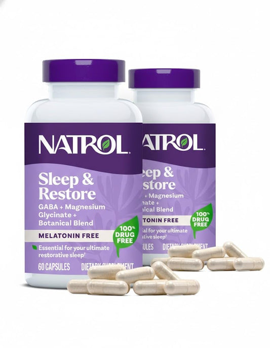 Natrol Sleep & Restore capsules for nightly rest with GABA and magnesium glycinate.
