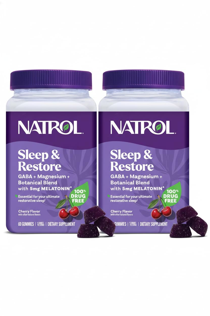 Natrol Sleep + Restore gummies bottle front with cherry flavor for a calming nightly routine.