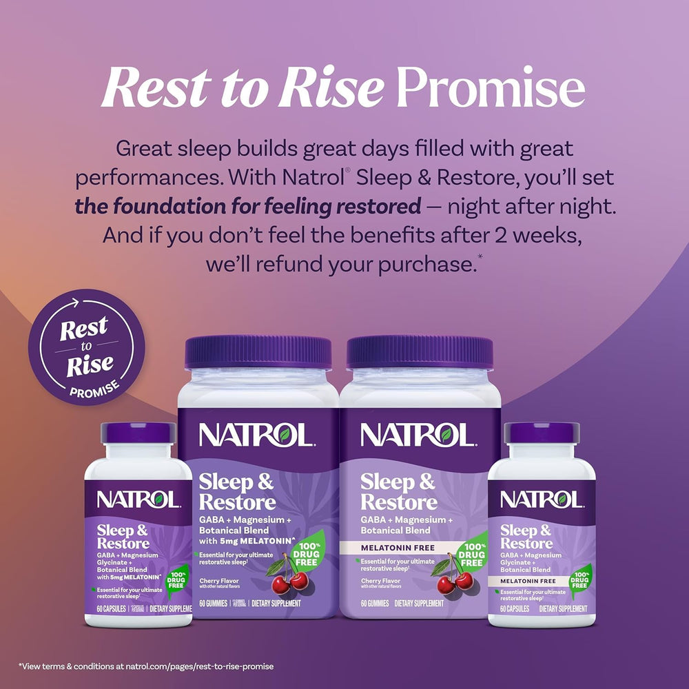 Natrol Sleep + Restore gummies on desk suggesting bedtime ritual.