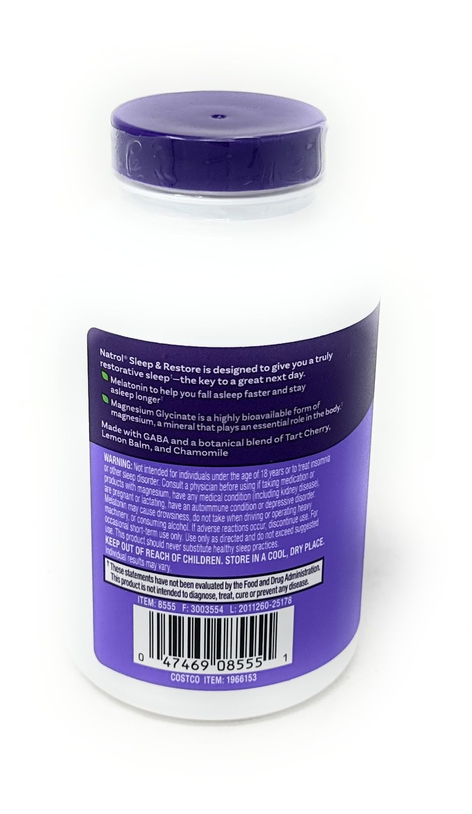Natrol Sleep & Restore label detail emphasizes non-GMO vegetarian formula