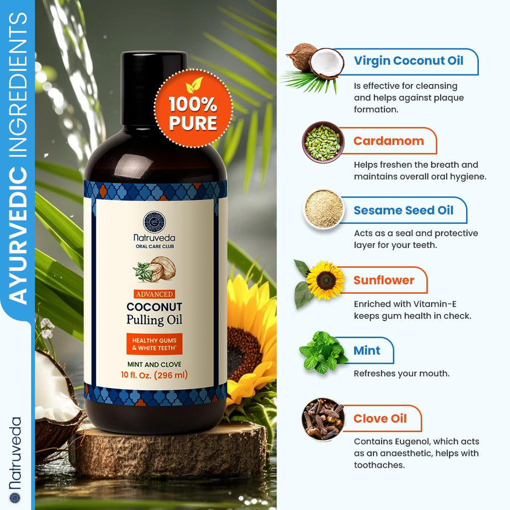 Natruveda coconut oil pulling mouthwash pack of 4 on shelf.