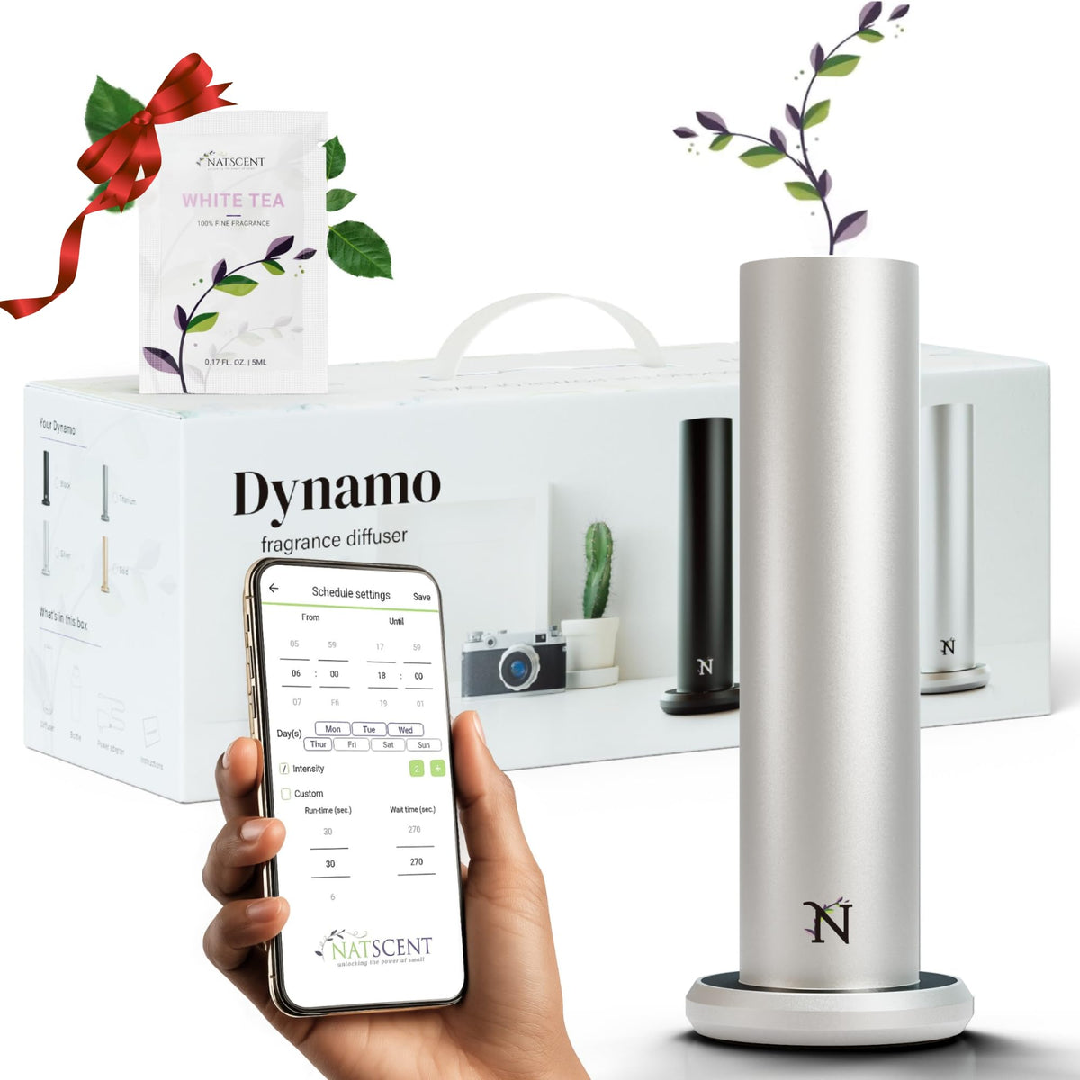 Natscent Dynamo diffuser front view in silver for large-room scent coverage