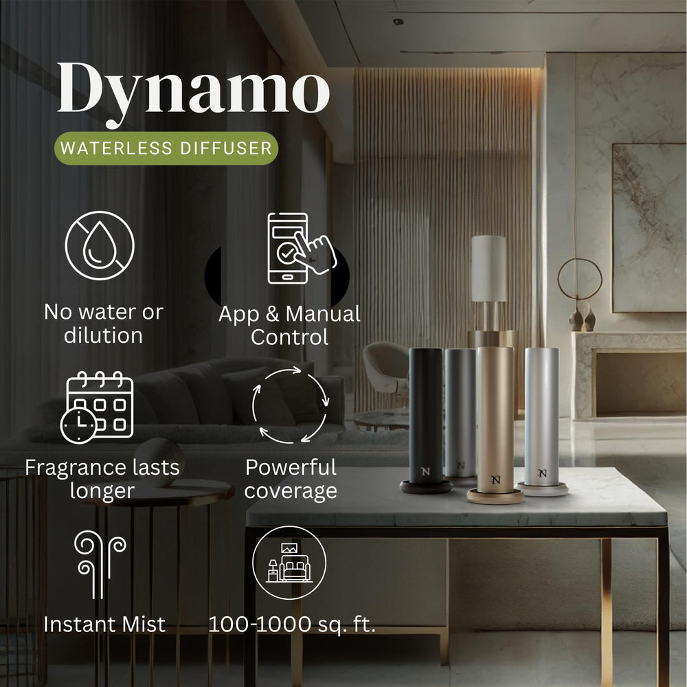 Natscent Dynamo diffuser side view highlighting compact footprint for home or office