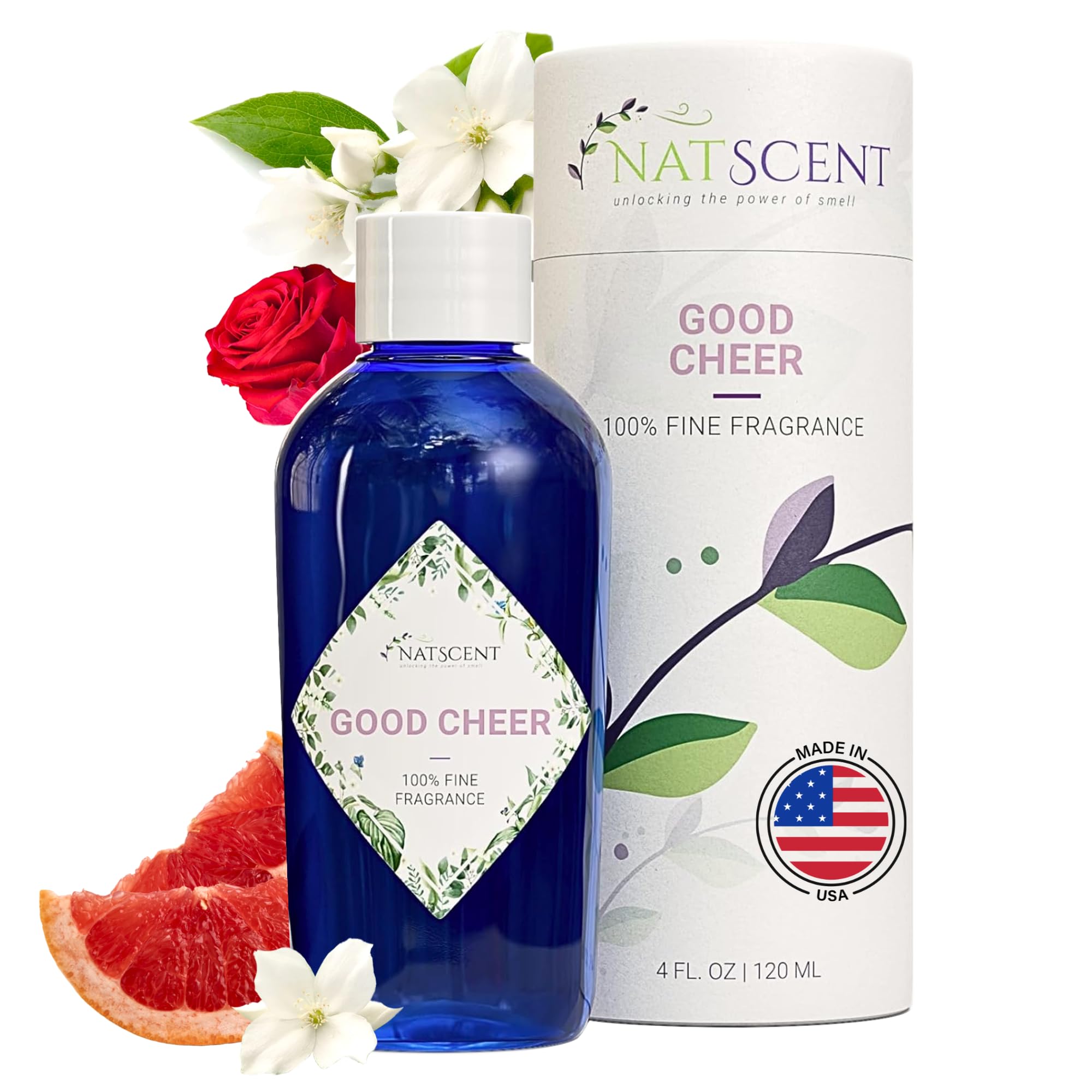 Natscent Good Cheer bottle pour with citrus zest for an uplifting diffusing moment.