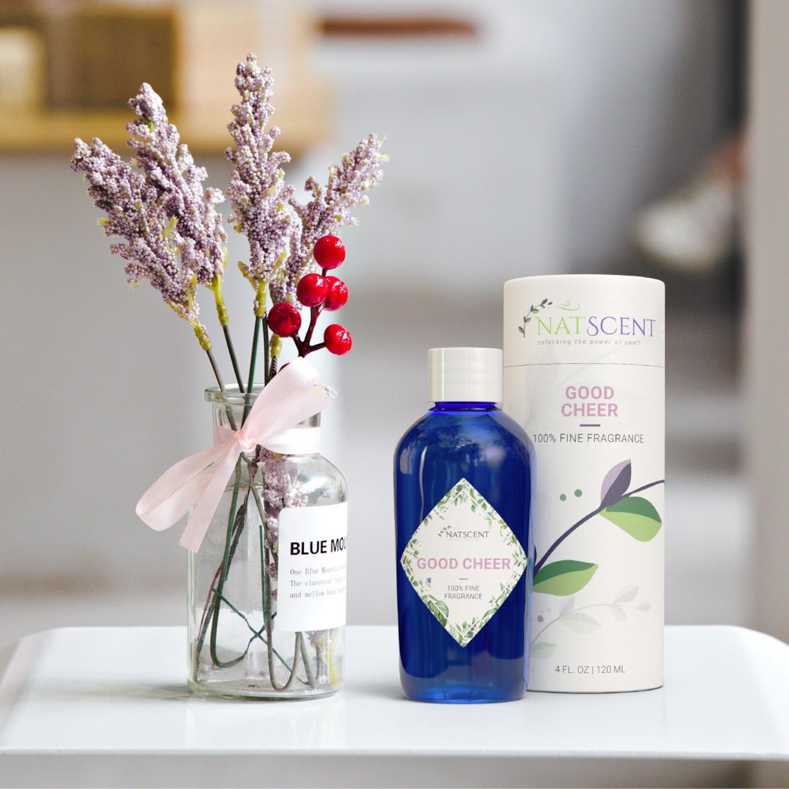 Natscent Good Cheer long-lasting aroma in cold-air diffusers with no residue.