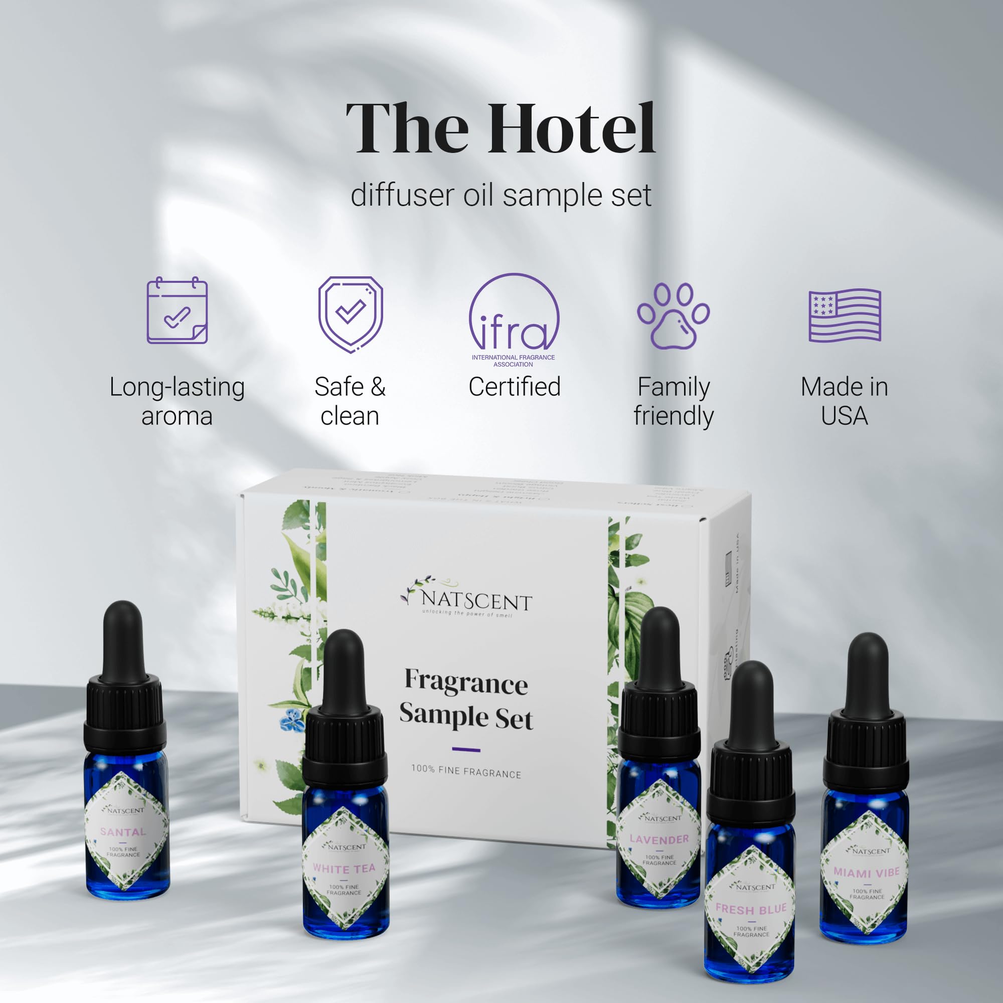 Natscent White Tea bottle delivering a calm, refreshing scent for bedrooms.