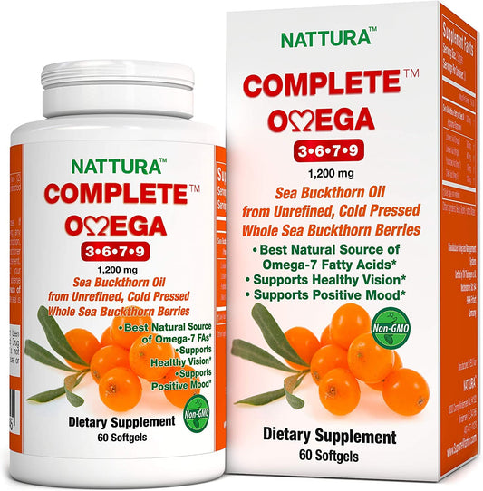 Nattura Complete Omega bottle showing the unrefined sea buckthorn oil label for skin support.