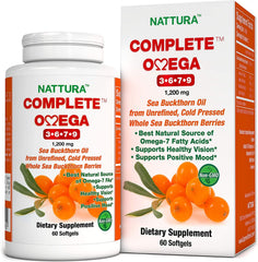 Nattura Complete Omega bottle showing the unrefined sea buckthorn oil label for skin support.