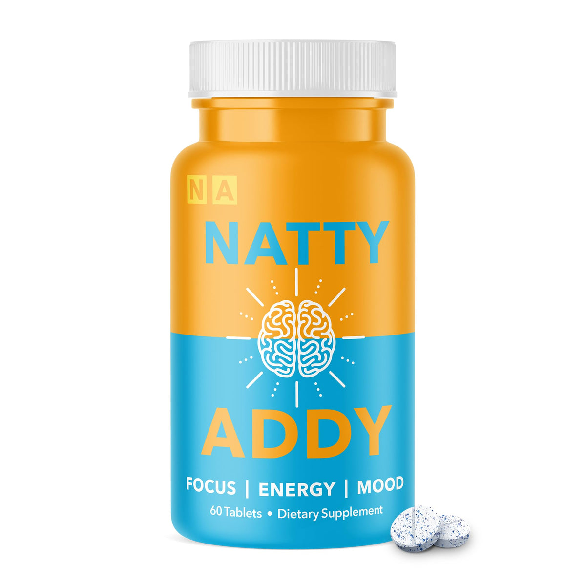 Natty Addy bottle front showcases methylene blue for focused days