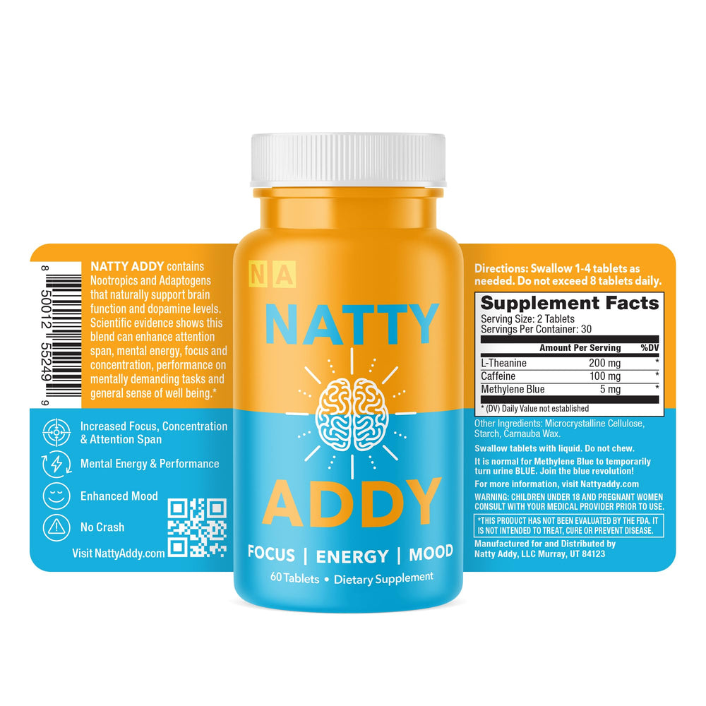 Natty Addy tablets close-up highlight caffeine and L-theanine