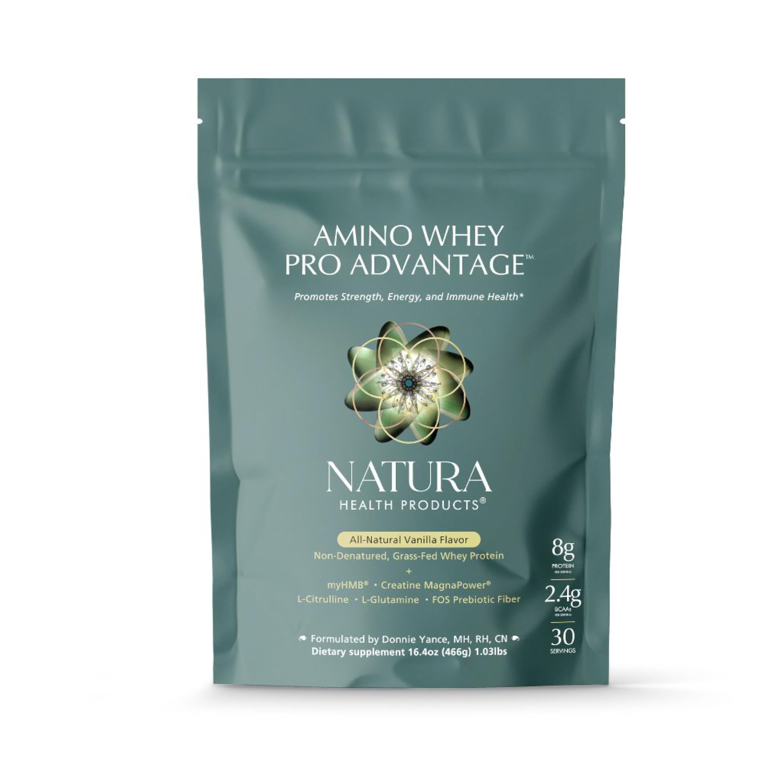 Natura Health Products Amino Whey Pro Advantage bottle label highlights grass-fed protein.