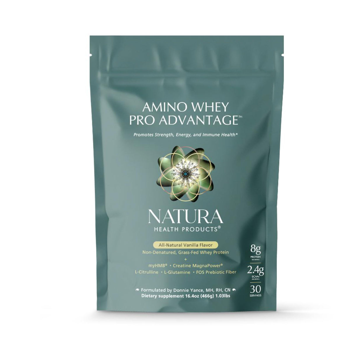 Natura Health Products Amino Whey Pro Advantage bottle label highlights grass-fed protein.
