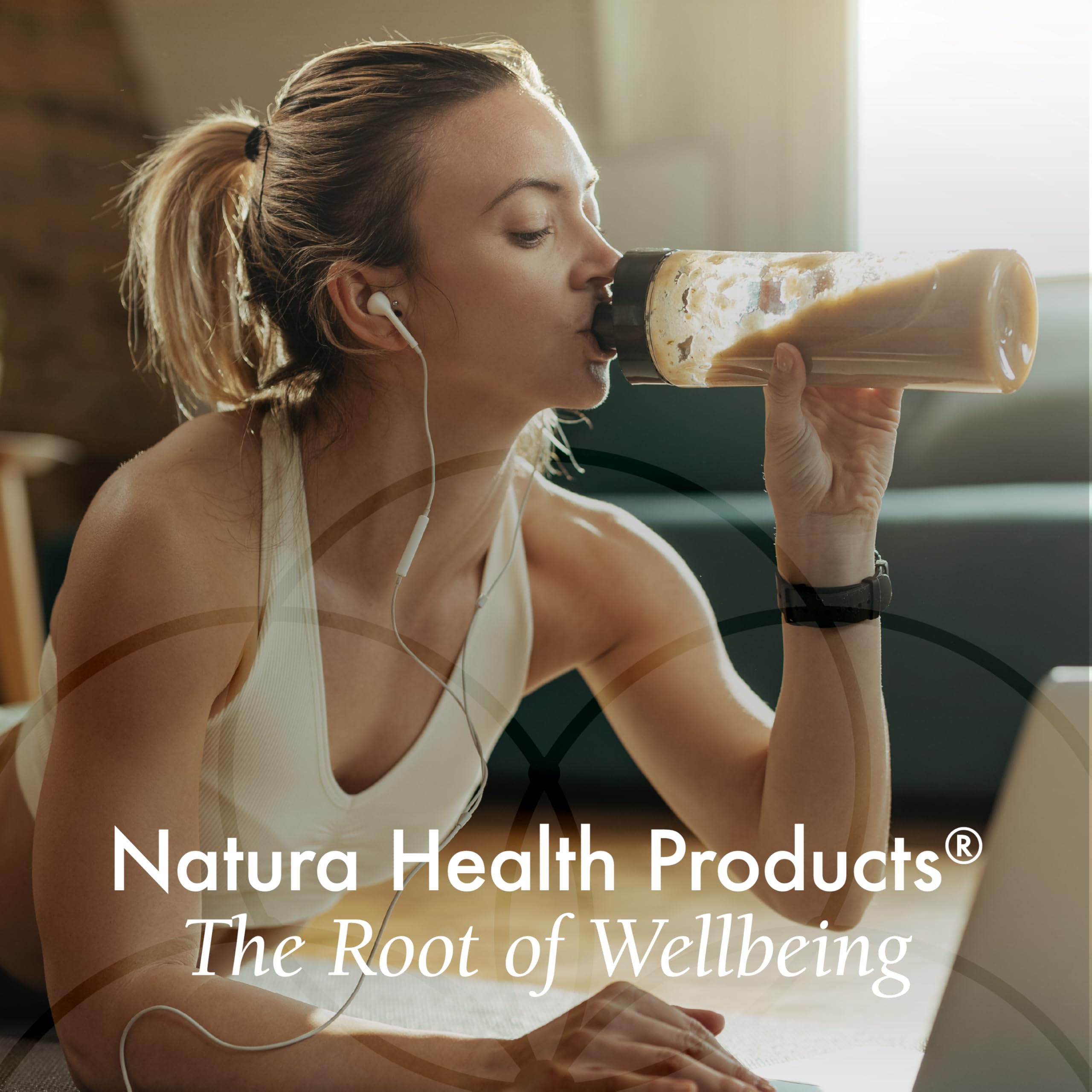 Natura Health Products Amino Whey Pro Advantage shaker with ready-to-drink mix.