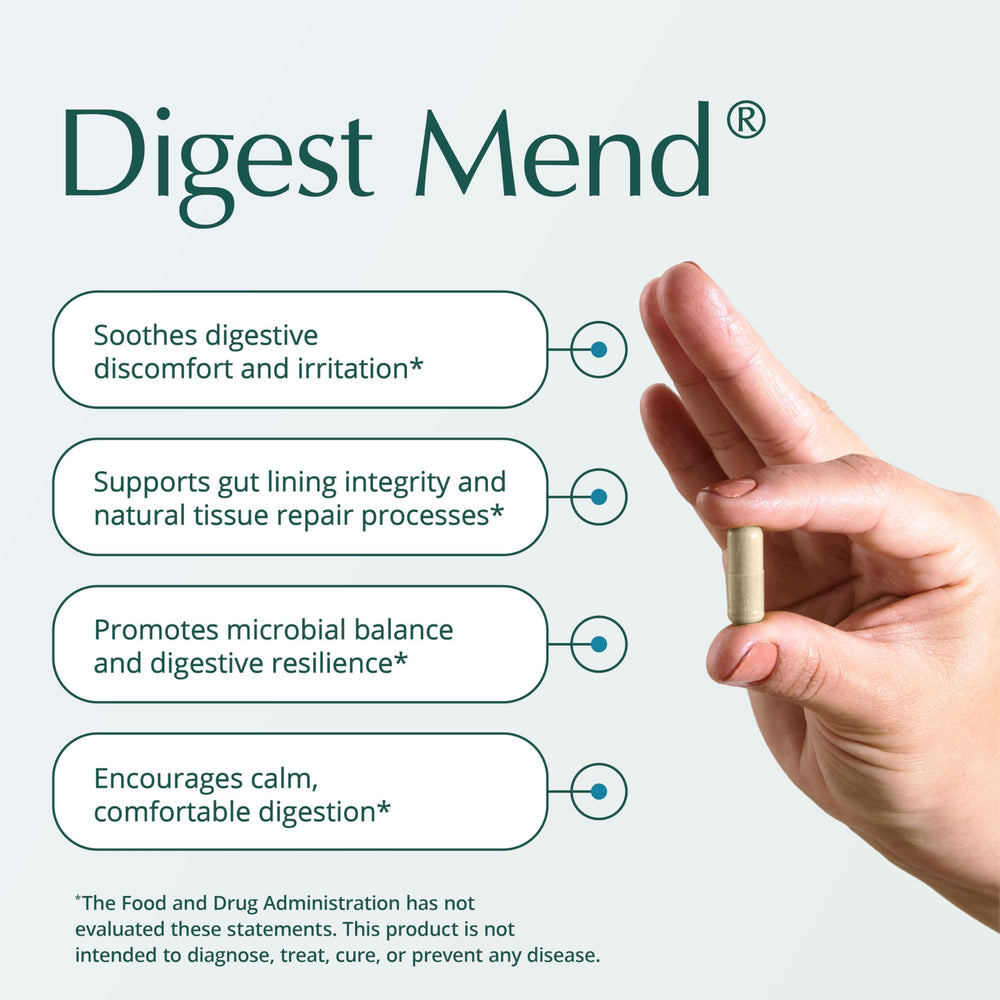 Digest Mend capsules close-up for easy, daily gut health routine.