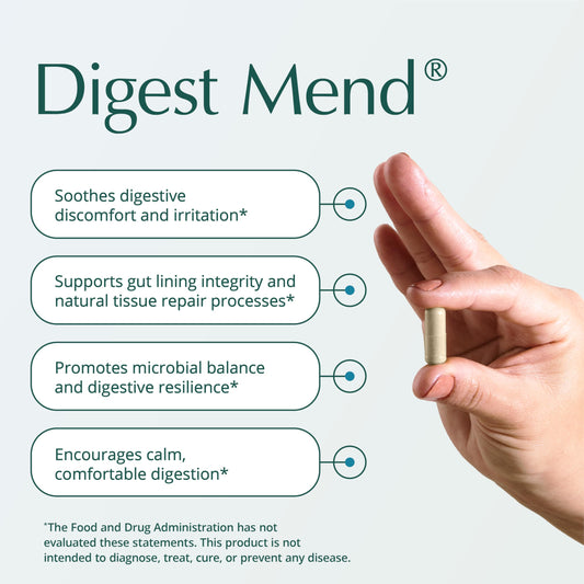 Digest Mend capsules close-up for easy, daily gut health routine.