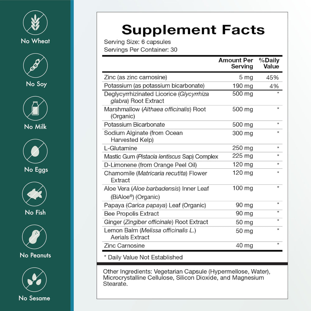 Natura Health Digest Mend ingredients graphic illustrates DGL, Aloe, Chamomile benefits.