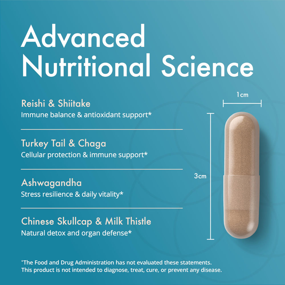Natura Health Mushroom Synergy chaga mushroom pieces highlighting antioxidant blend.