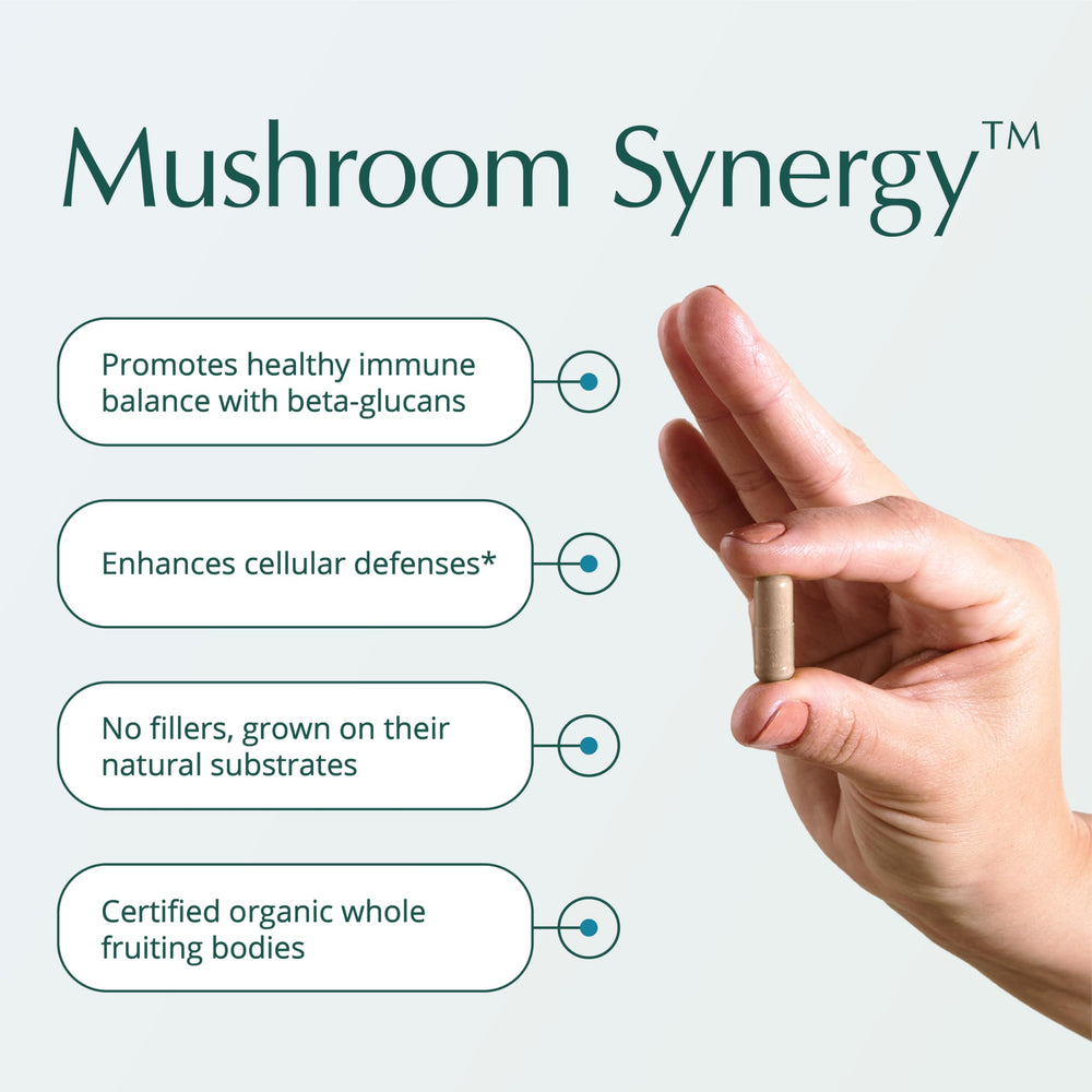 Natura Health Mushroom Synergy red reishi capsules for immune signaling support.