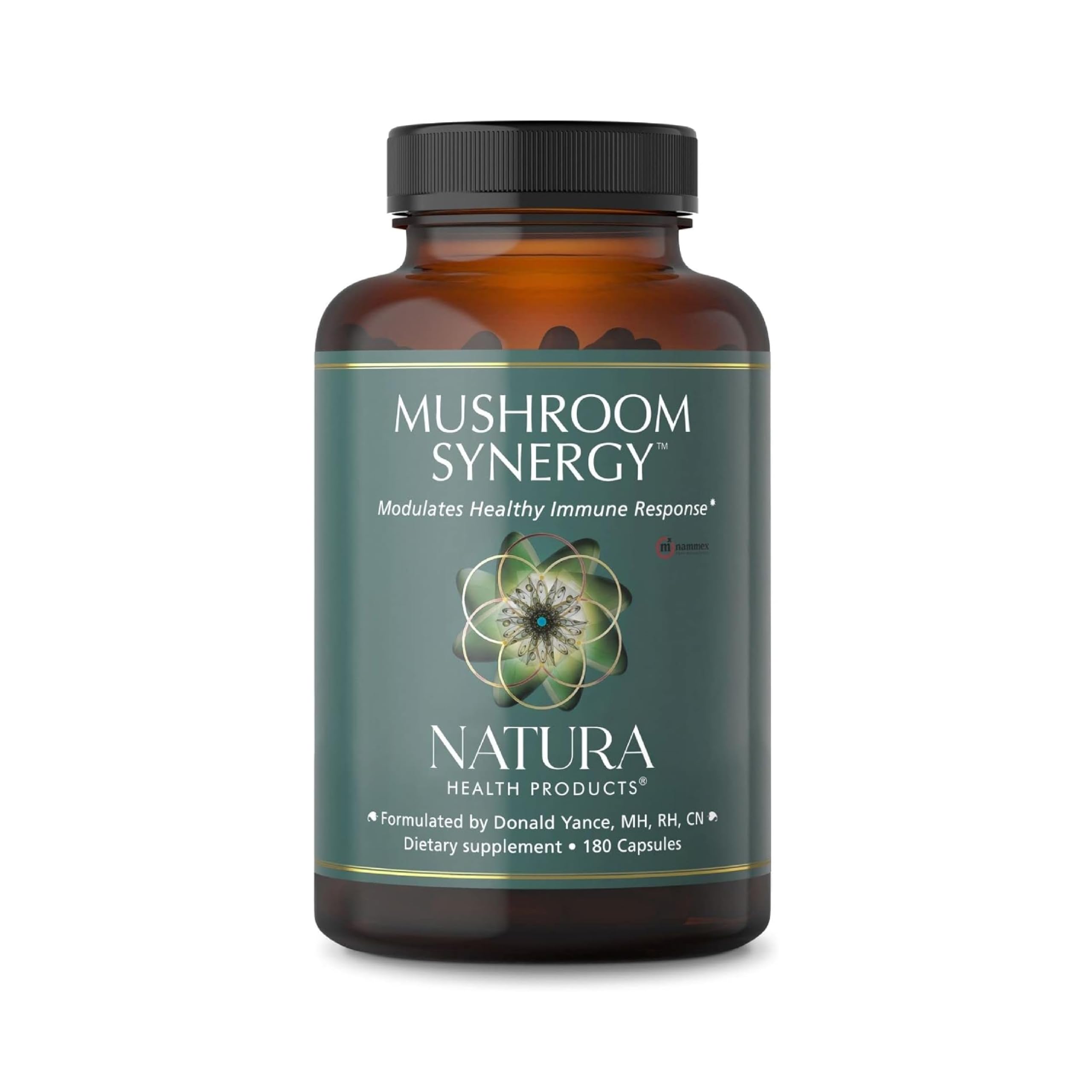 Natura Health Mushroom Synergy bottle with turkey tail capsules for immune balance.