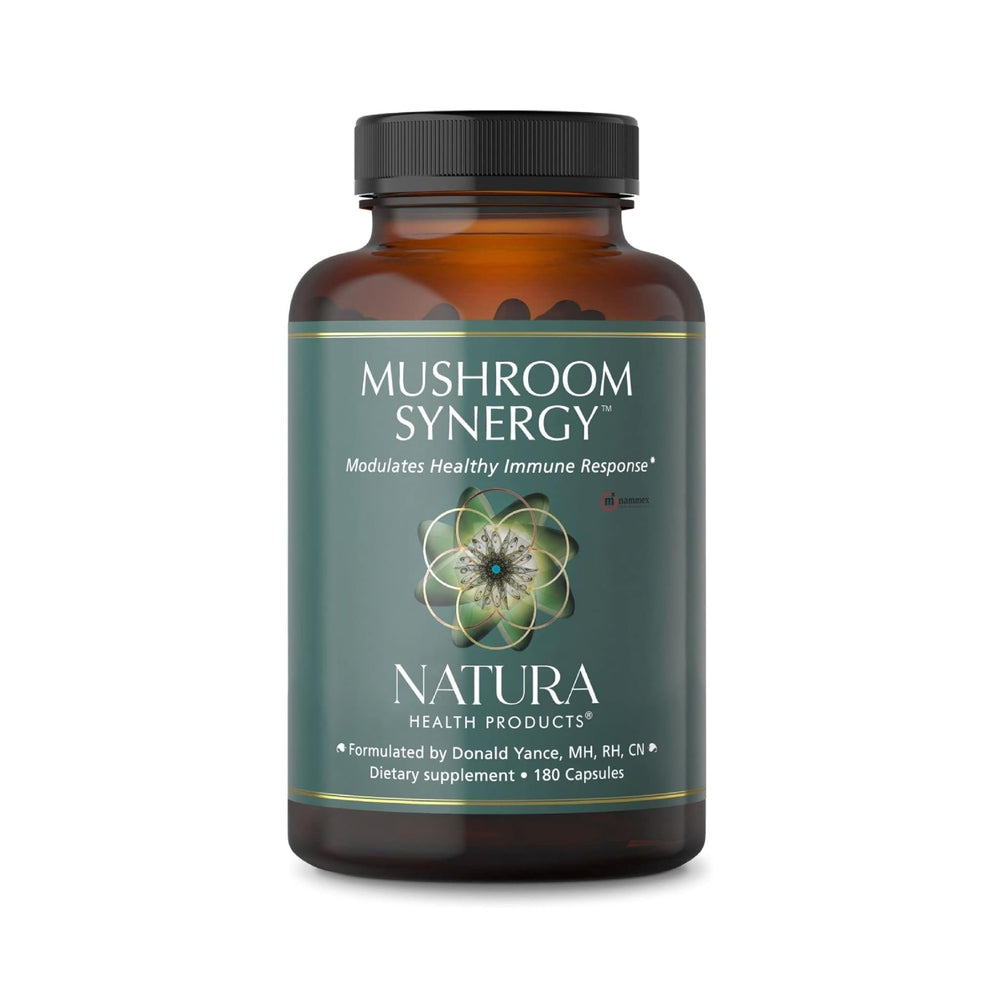 Natura Health Mushroom Synergy bottle with turkey tail capsules for immune balance.