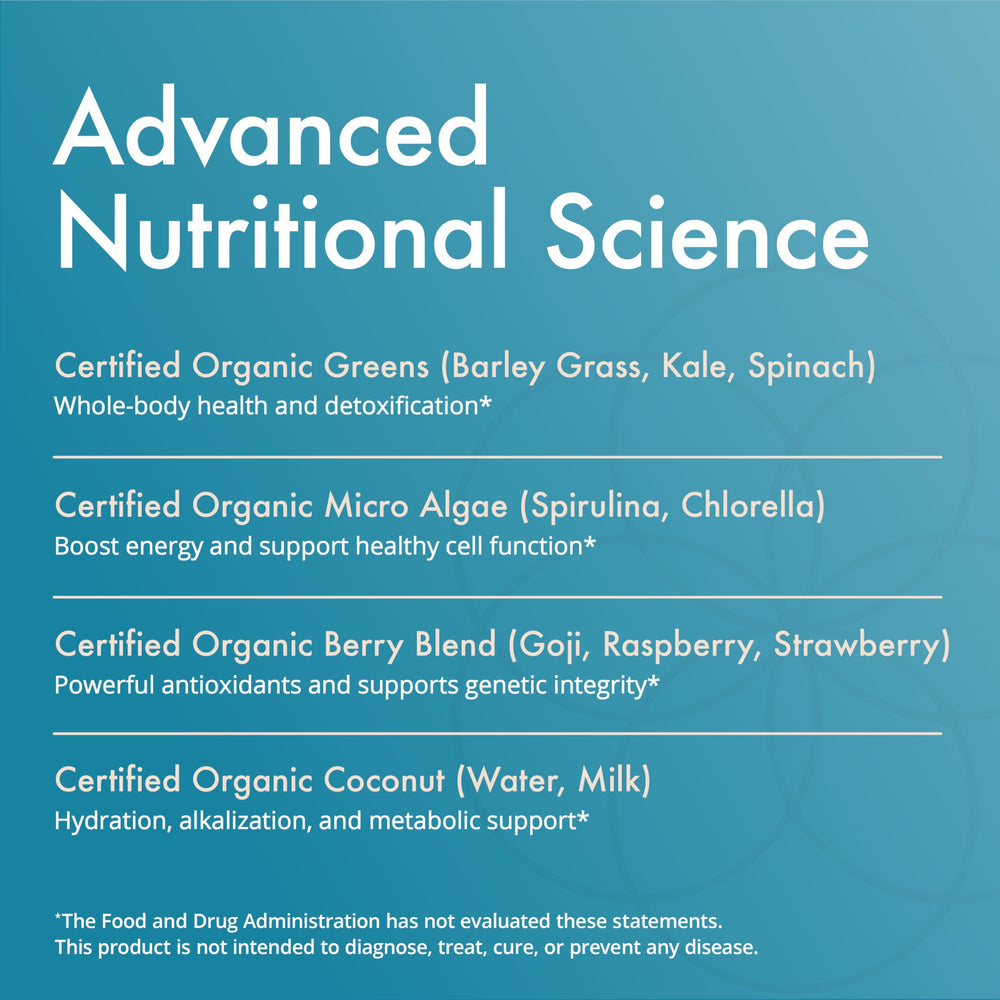 Natura Health N-Liven green blend of barley grass, kale, and spinach for active days.