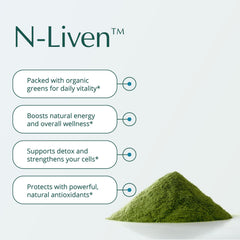 Natura Health N-Liven with spirulina and chlorophyll enhances nutrient density in smoothies.