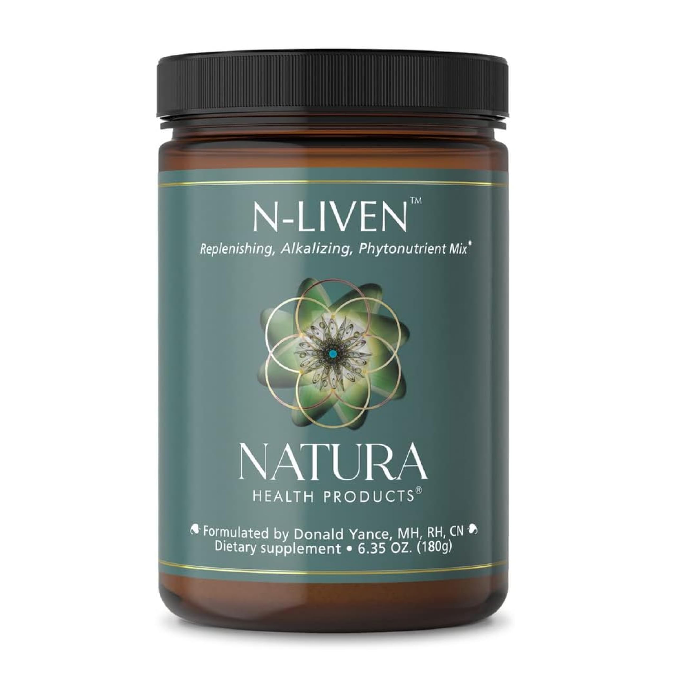 Natura Health N-Liven 180g tub for daily greens powder supporting antioxidant intake.