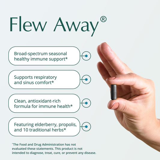 Natura Health Products Flew Away capsules ready to take for daily defense.