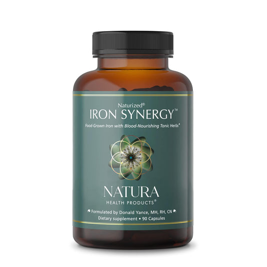 Natura Health Products Iron Synergy bottle-front shows food-grown iron for improved absorption.