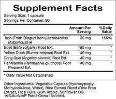 Natura Health Iron Synergy capsules sit beside beet root extract imagery for blood support.