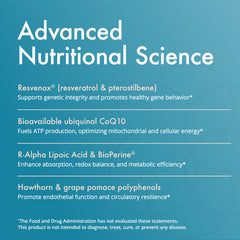 Closeup of Natura Health Products Mito-Gevity label highlighting Resvenox content.
