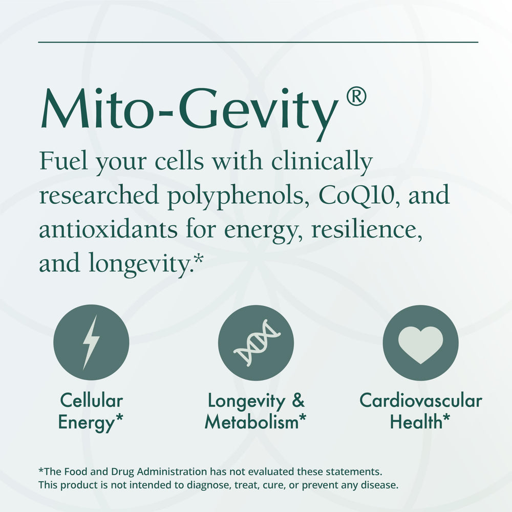 Natura Health Products Mito-Gevity packaging emphasizing quality and third-party testing.