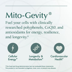 Natura Health Products Mito-Gevity packaging emphasizing quality and third-party testing.