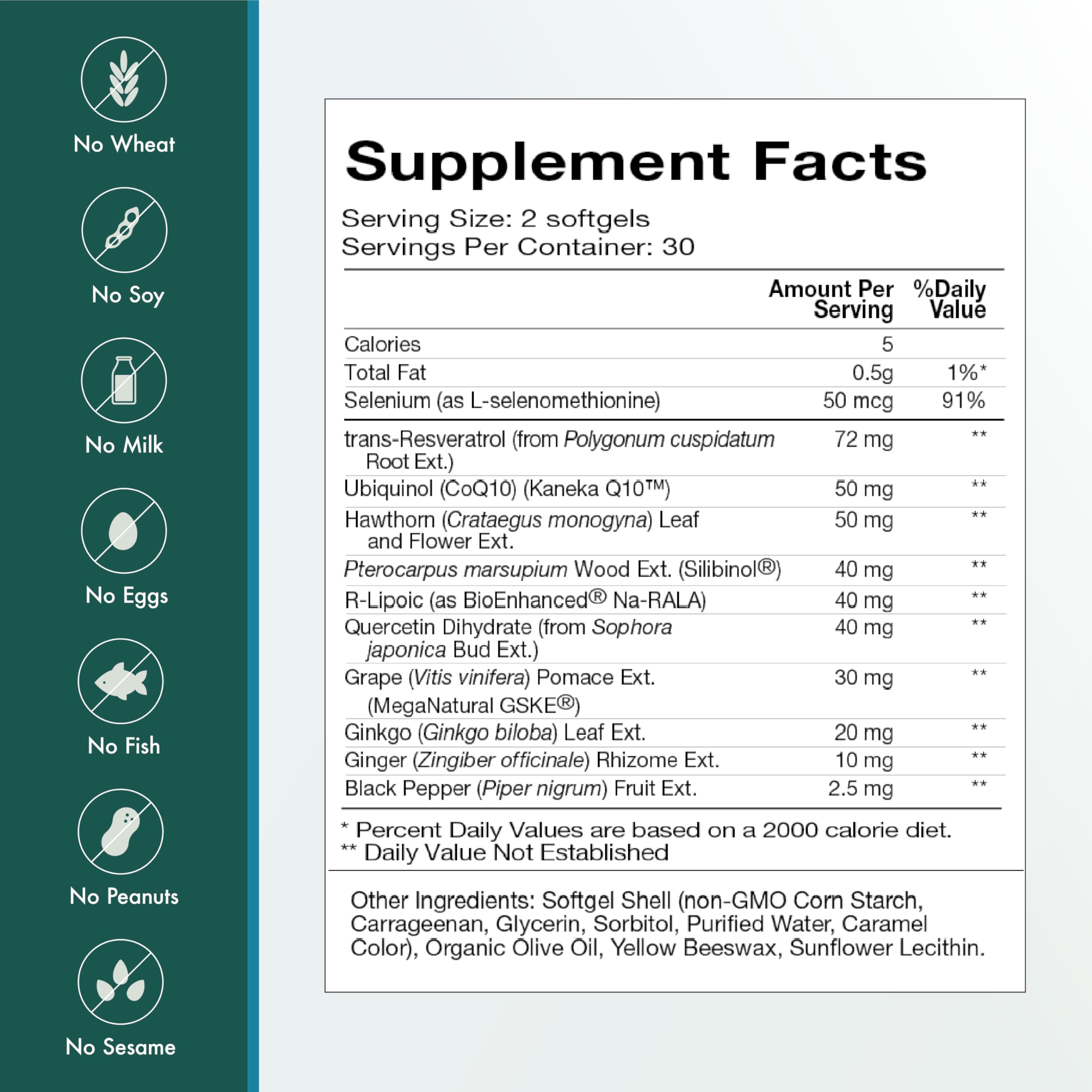 Serving instruction for Natura Health Products Mito-Gevity showing daily dosage of two softgels.