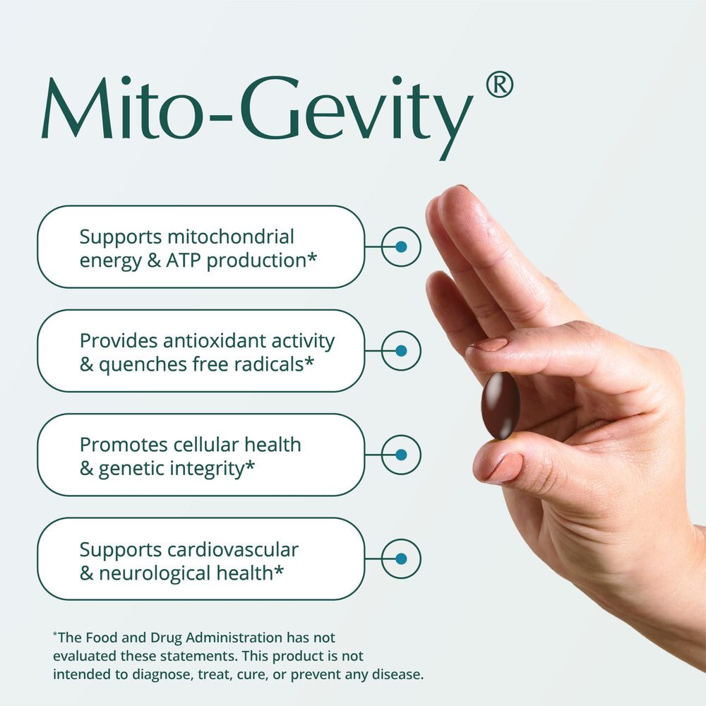 Natura Health Products Mito-Gevity softgels ready to swallow for cellular vitality.