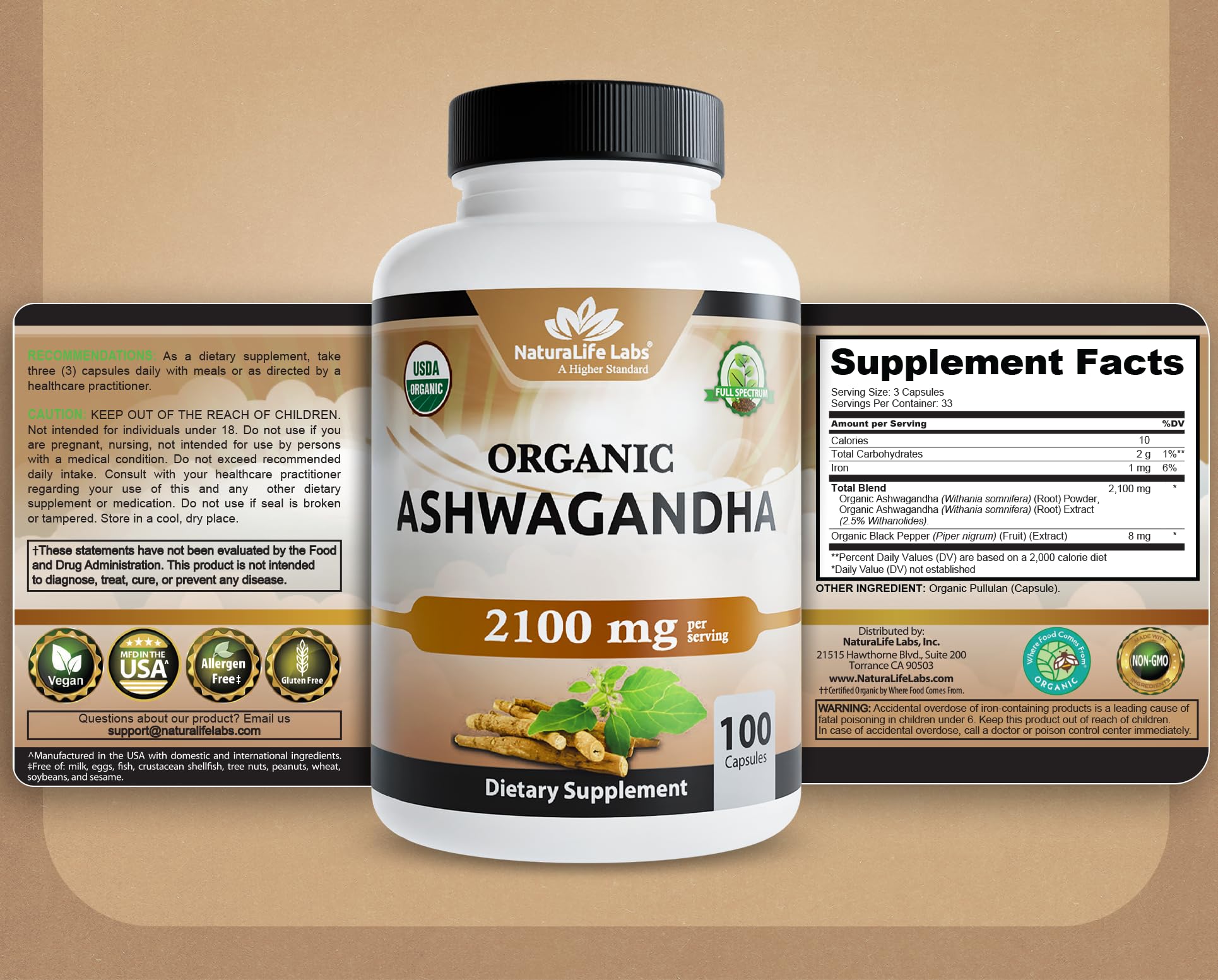 NaturaLife Labs Ashwagandha ingredient panel with black pepper