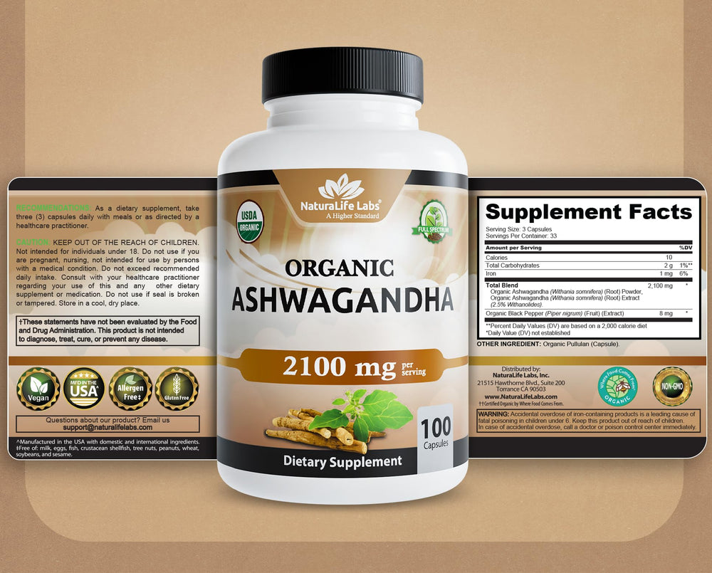 NaturaLife Labs Ashwagandha ingredient panel with black pepper
