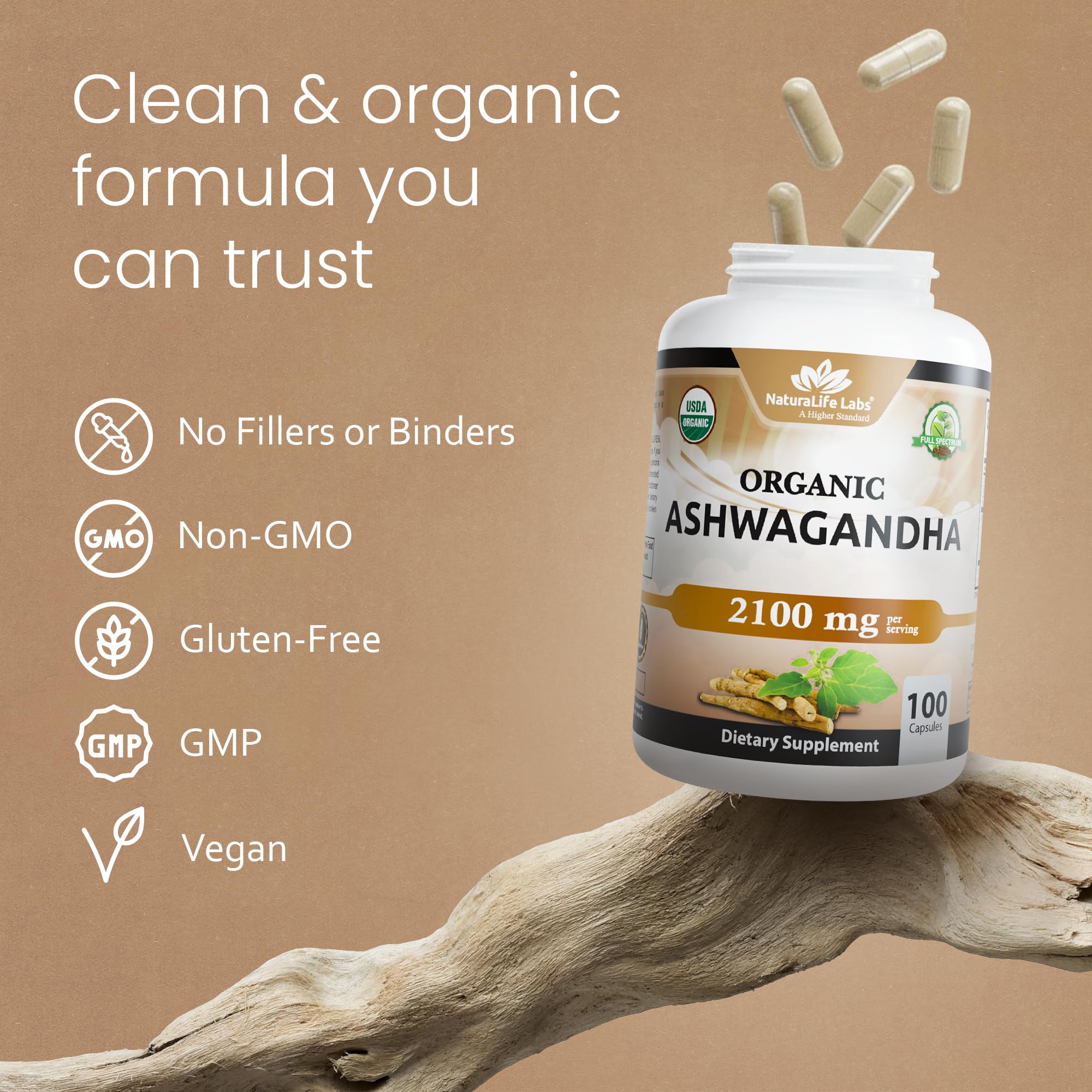 NaturaLife Labs Ashwagandha root powder beside bottle in kitchen