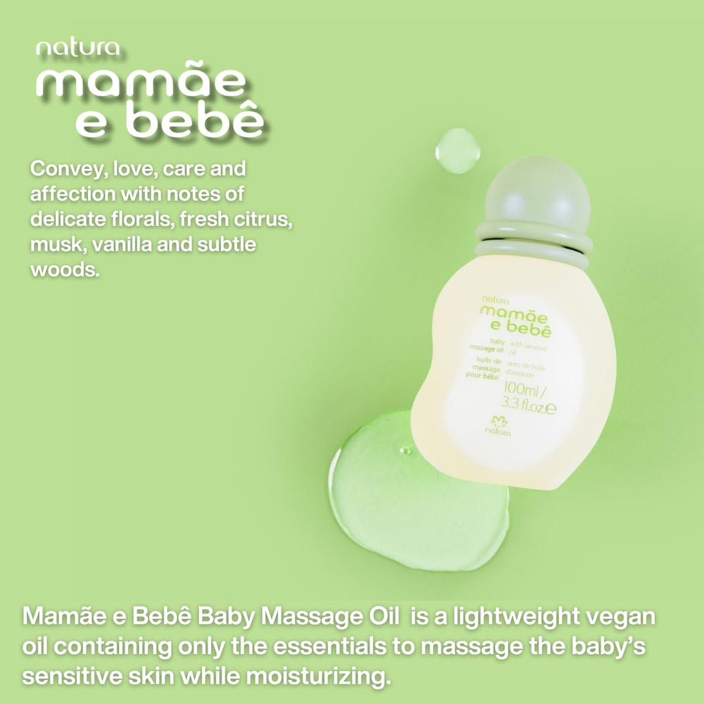 Natura Mamãe e Bebê massage oil texture close-up, easily absorbs into skin.