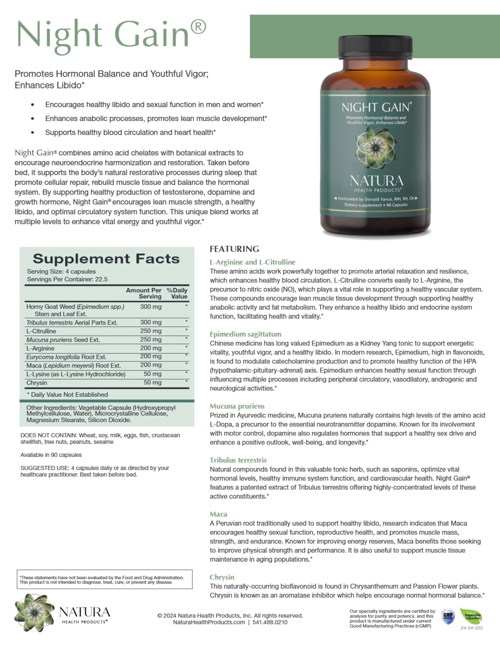 Natura Night Gain label and packaging emphasizes quality and safety