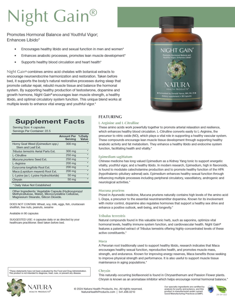 Natura Night Gain label and packaging emphasizes quality and safety