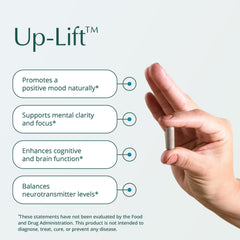 Natura Up-Lift capsules closeup highlighting B vitamins and tryptophan for mood support