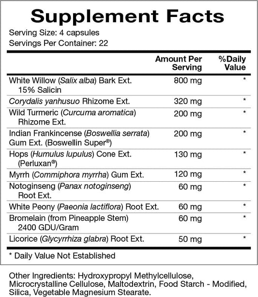 Natura Willow Bark Capsule highlighting willow component for gentle relief.