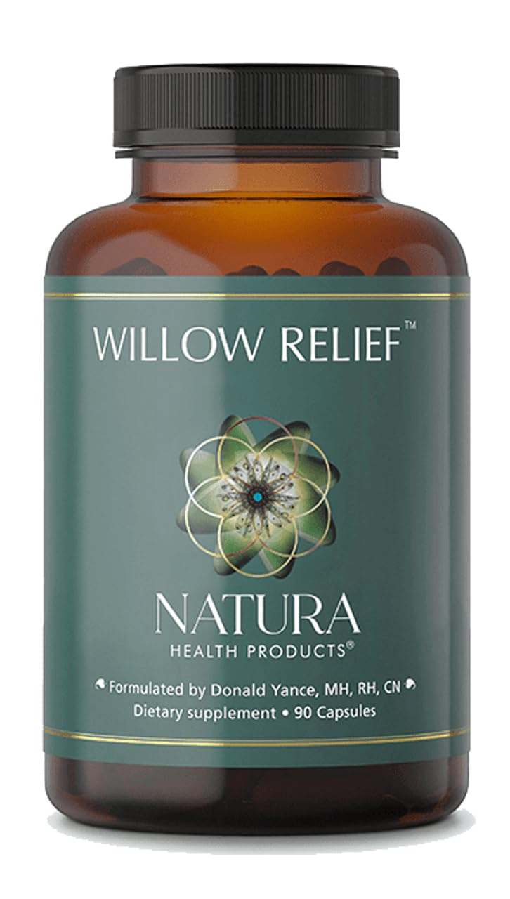 Natura Willow Relief capsules on display, offering convenient daily use for muscle comfort.