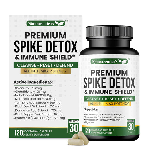 Naturaceutica's 9-in-1 Spike Detox bottle closeup, highlighting daily wellness support.